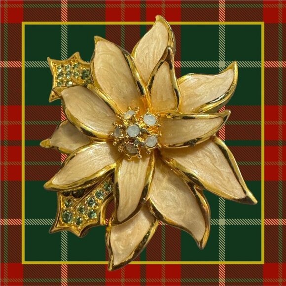 Nolan Miller Poinsettia Christmas Brooch Pin Enamel Rhinestones Fashion Jewelry - Picture 2 of 9